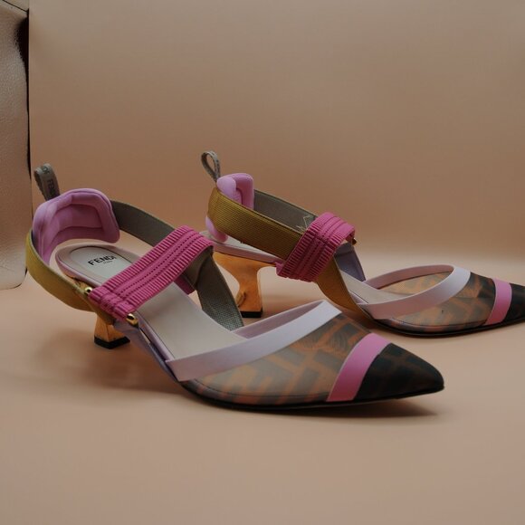 Fendi Colibri 55mm Mesh Slingback Pumps Pink Gold Monogram - Picture 3 of 7